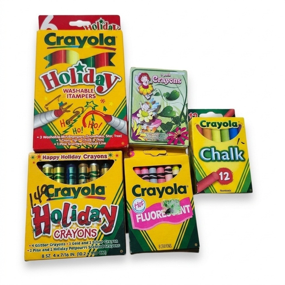 Vintage Crayola Holiday Fluorescent Crayons Chalk & MiniStampers Lot 1990s 5pc